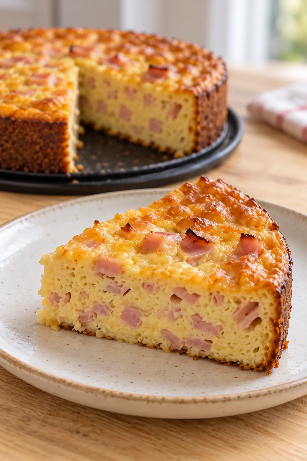 Serviertes Stück Schinken-Käse-Kuchen mit saftiger Quarkfüllung und goldbraunem Käse