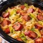 Zarter Slow-Cooker Weißkohl mit dicken Scheiben geräucherter Wurst und Zwiebeln