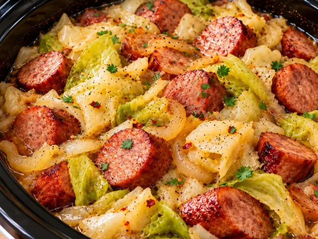 Zarter Slow-Cooker Weißkohl mit dicken Scheiben geräucherter Wurst und Zwiebeln