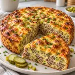 Burger-Lauchkuchen mit Rinderhack, Lauch und Gewürzgurken, goldbraun gebacken und angeschnitten