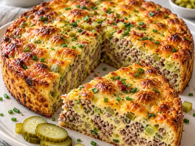 Burger-Lauchkuchen mit Rinderhack, Lauch und Gewürzgurken, goldbraun gebacken und angeschnitten