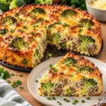 Goldbrauner High-Protein Brokkoli-Hack-Kuchen mit sichtbaren Brokkoliröschen und Rinderhack im Anschnitt