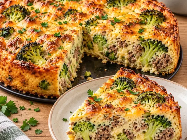 Goldbrauner High-Protein Brokkoli-Hack-Kuchen mit sichtbaren Brokkoliröschen und Rinderhack im Anschnitt