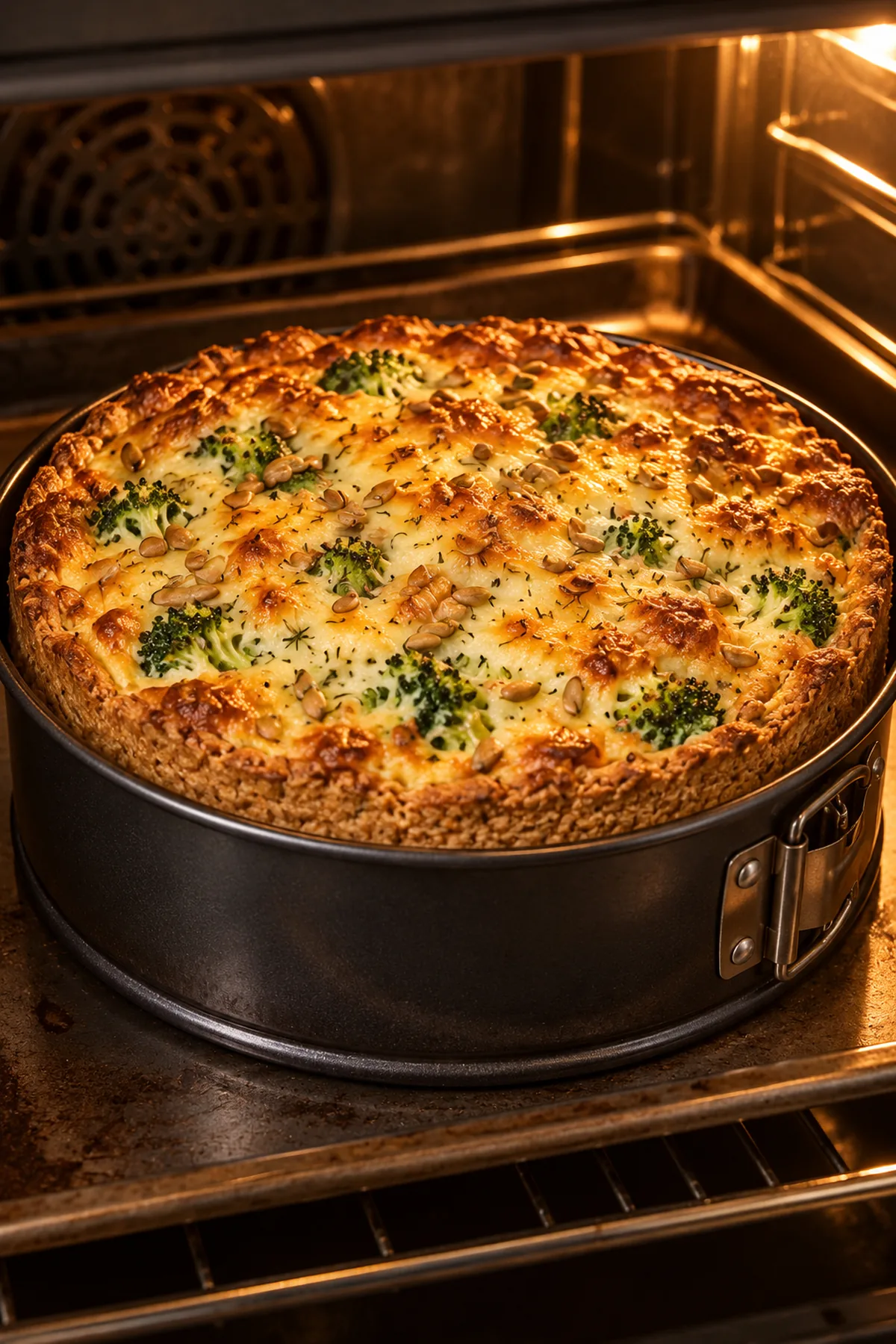 Brokkoli-Käse-Kuchen mit Sonnenblumenkernen beim goldbraunen Backen in der Springform