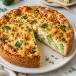 Herzhafter Brokkoli-Käse-Kuchen mit Hafer-Quark-Rand, goldbrauner Kruste und sichtbarem Anschnitt