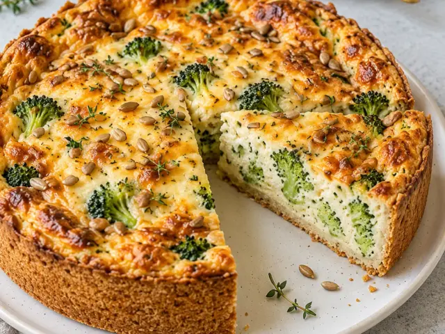 Herzhafter Brokkoli-Käse-Kuchen mit Hafer-Quark-Rand, goldbrauner Kruste und sichtbarem Anschnitt