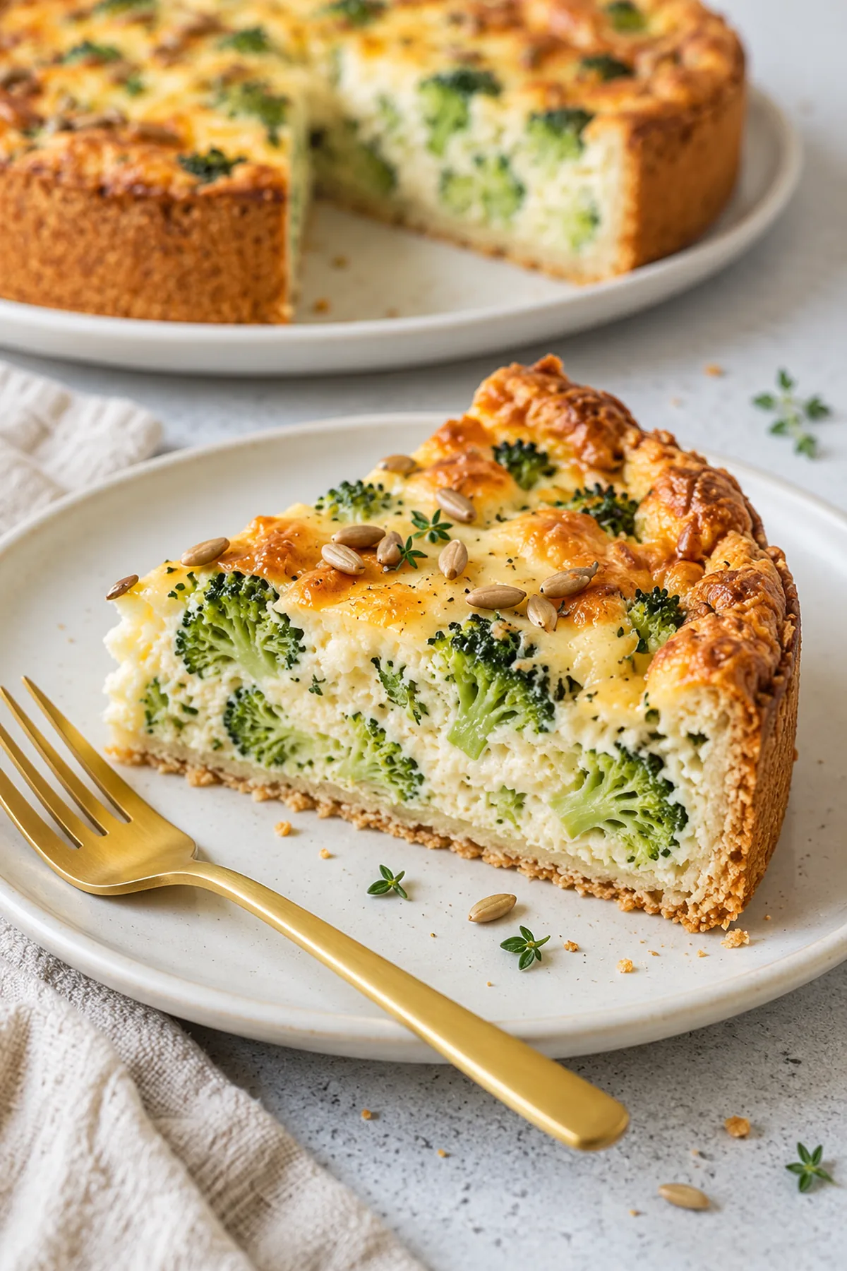 Serviertes Stück Brokkoli-Käse-Kuchen mit grünen Röschen, dünnem Haferboden und Sonnenblumenkernen