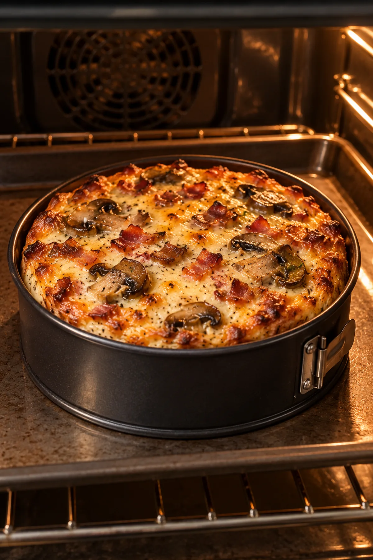 Champignon-Speck-Kuchen beim goldbraunen Backen in einer kleinen Springform