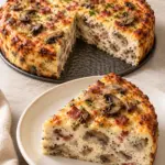 Runder High-Protein Champignon-Speck-Kuchen mit goldbrauner Kruste und einem Stück auf dem Teller