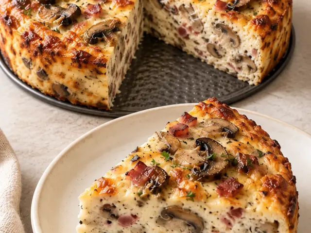 Runder High-Protein Champignon-Speck-Kuchen mit goldbrauner Kruste und einem Stück auf dem Teller