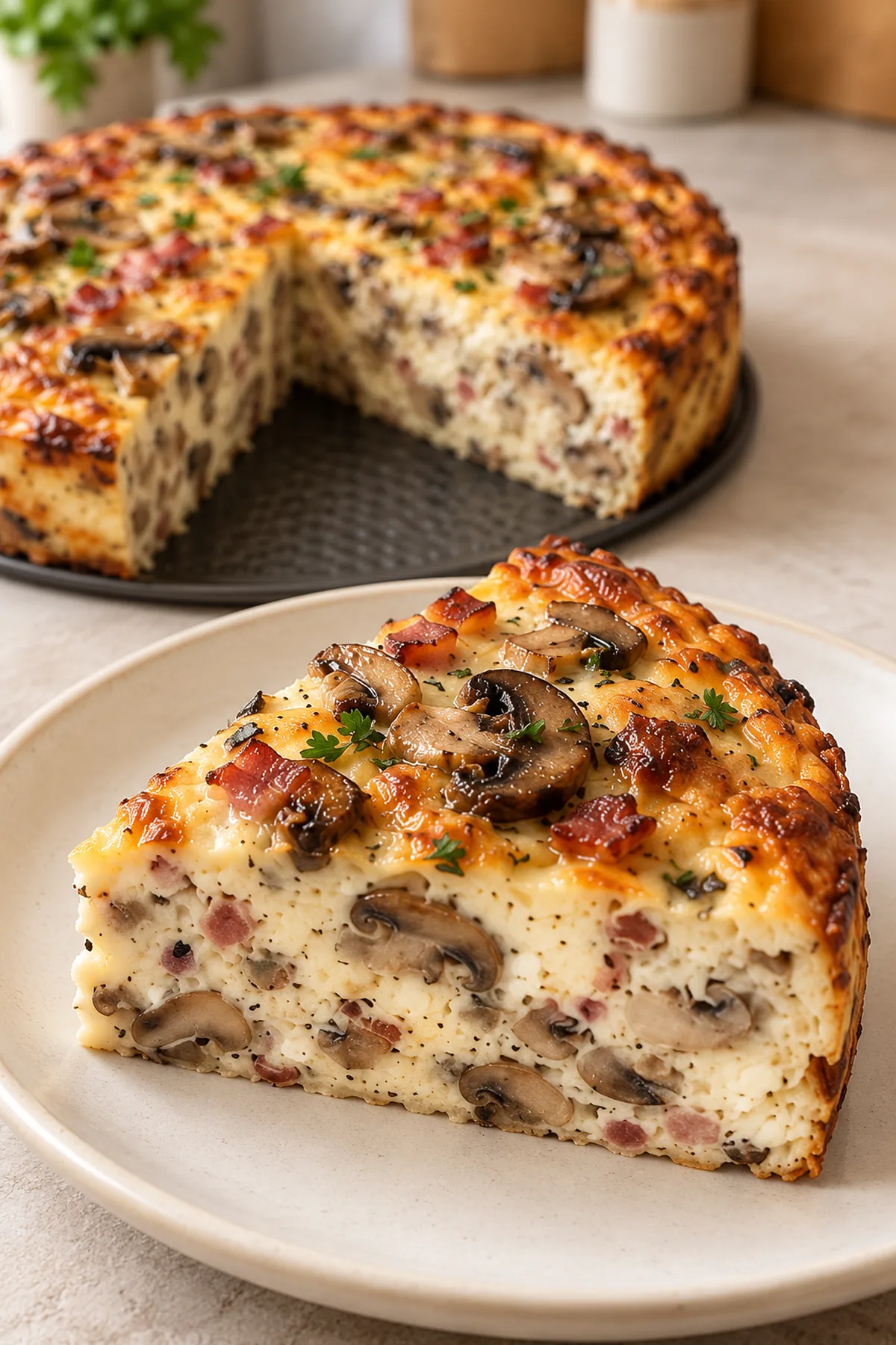 Serviertes Stück Champignon-Speck-Kuchen mit saftigem Pilzanschnitt und etwas Petersilie