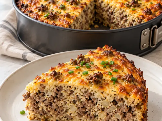 Goldbrauner High-Protein Frikadellen-Kuchen aus Rinderhack, angeschnitten auf heller Platte
