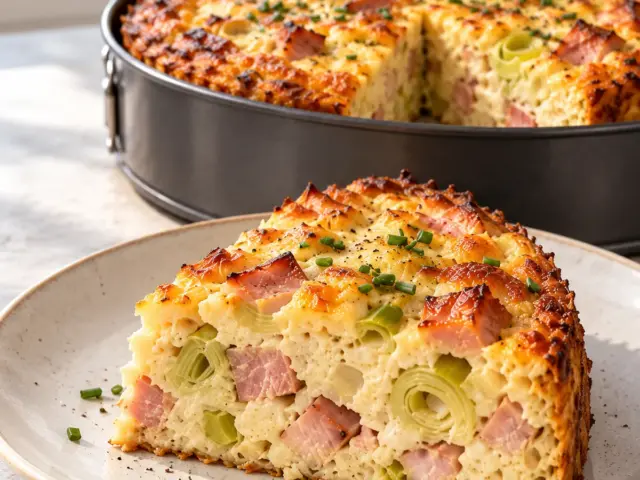 High-Protein Kasseler-Lauch-Kuchen mit goldbrauner Käsekruste, Lauch und Kasseler, angeschnitten