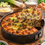 Goldbrauner High-Protein Lauch-Frikadellen-Kuchen mit Rinderhack und Lauch im saftigen Anschnitt