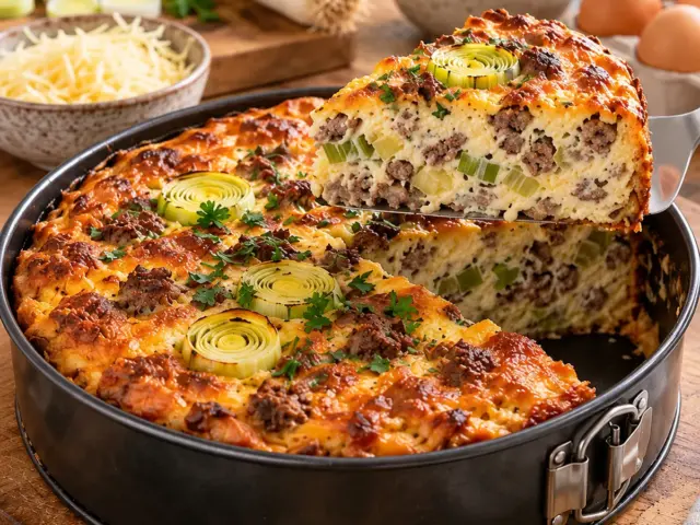 Goldbrauner High-Protein Lauch-Frikadellen-Kuchen mit Rinderhack und Lauch im saftigen Anschnitt