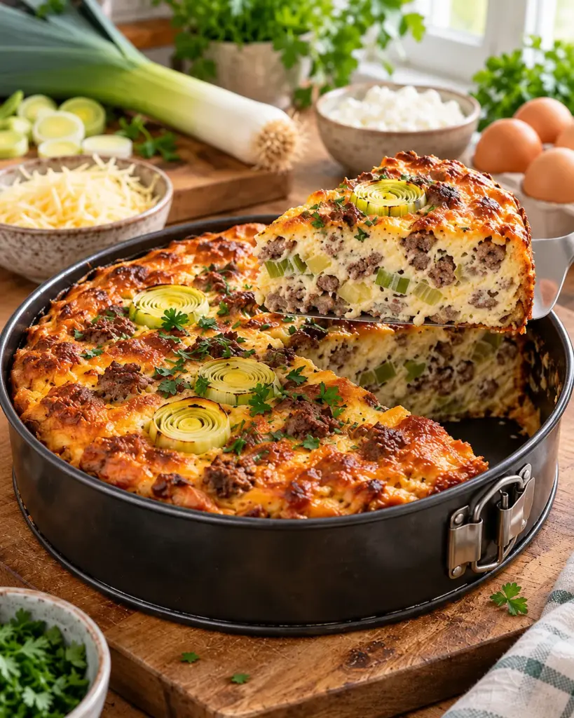 Goldbrauner High-Protein Lauch-Frikadellen-Kuchen mit Rinderhack und Lauch im saftigen Anschnitt