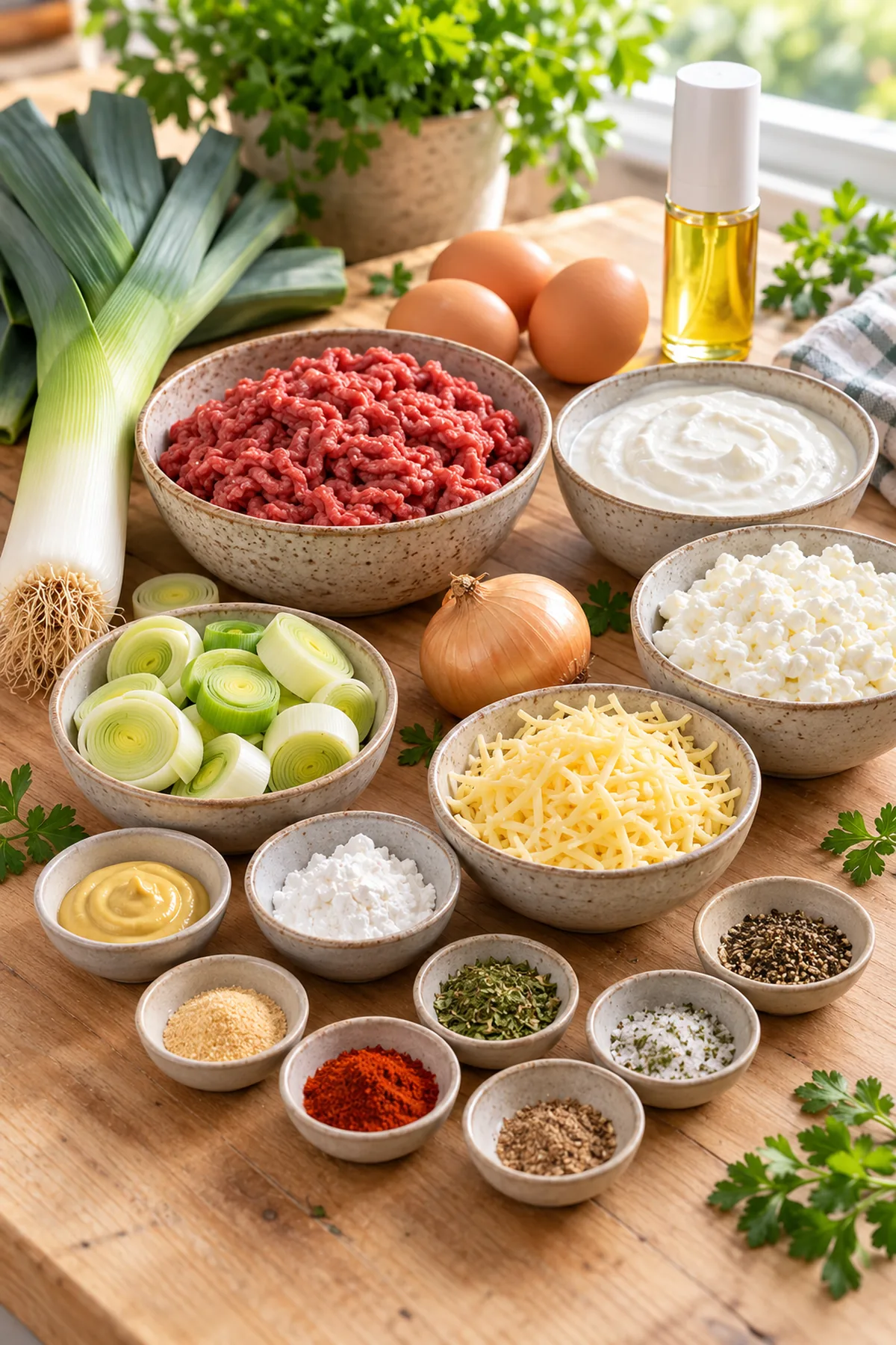 Zutaten für Lauch-Frikadellen-Kuchen mit Rinderhack, Lauch, Skyr, körnigem Frischkäse, Eiern und Käse