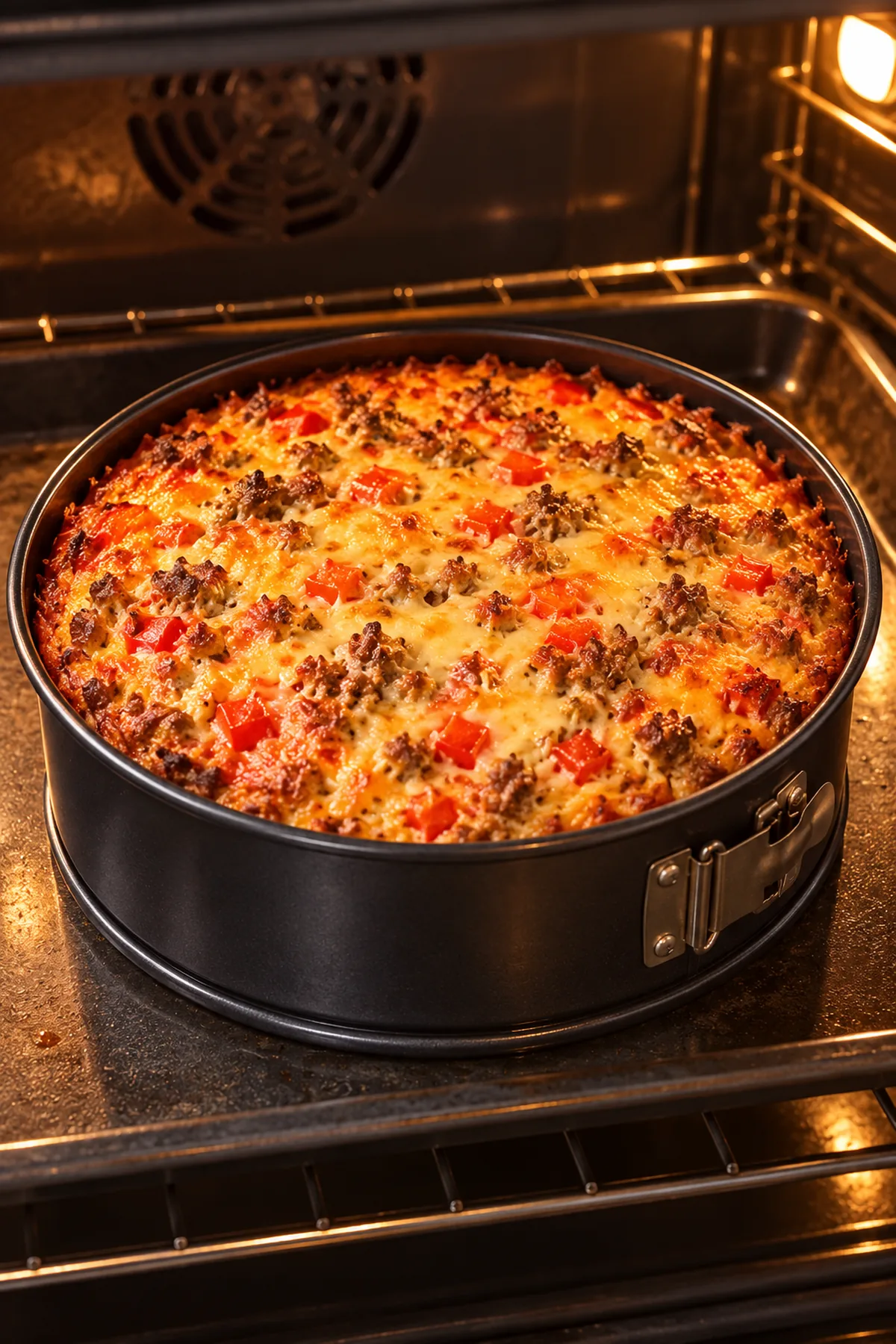 Paprika-Hack-Kuchen beim goldbraunen Backen mit sichtbaren roten Paprikawürfeln