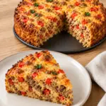 Herzhafter Paprika-Hack-Kuchen mit goldbrauner Käsekruste und einem Stück mit roten Paprikawürfeln