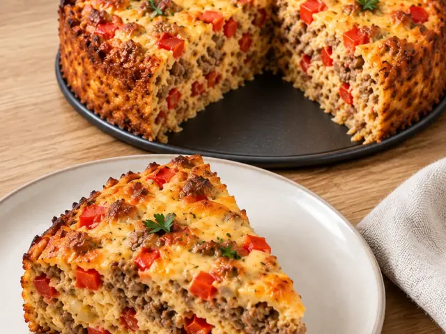 Herzhafter Paprika-Hack-Kuchen mit goldbrauner Käsekruste und einem Stück mit roten Paprikawürfeln