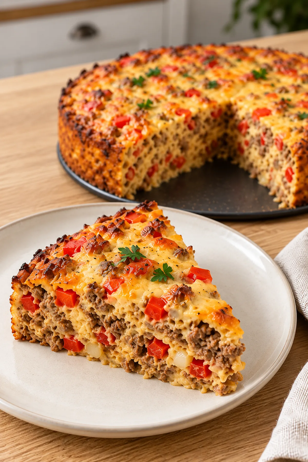 Serviertes Stück Paprika-Hack-Kuchen mit saftigem Rinderhackanschnitt und frischer Petersilie