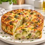 Goldbrauner High-Protein Rosenkohl-Schinken-Kuchen, angeschnitten mit sichtbaren Rosenkohlhälften
