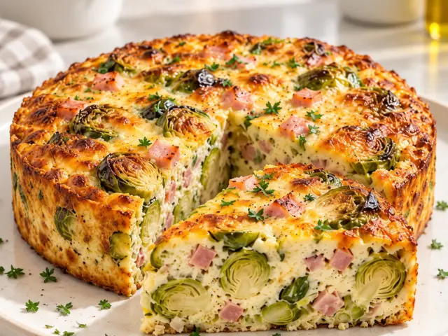 Goldbrauner High-Protein Rosenkohl-Schinken-Kuchen, angeschnitten mit sichtbaren Rosenkohlhälften