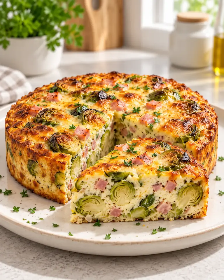 Goldbrauner High-Protein Rosenkohl-Schinken-Kuchen, angeschnitten mit sichtbaren Rosenkohlhälften