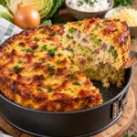Goldbrauner High-Protein Wirsing-Speck-Kuchen mit sichtbarem Wirsing und Speck im saftigen Anschnitt