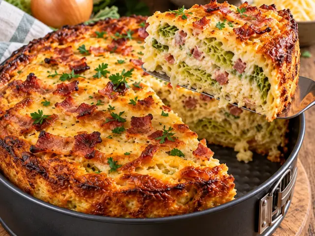 Goldbrauner High-Protein Wirsing-Speck-Kuchen mit sichtbarem Wirsing und Speck im saftigen Anschnitt