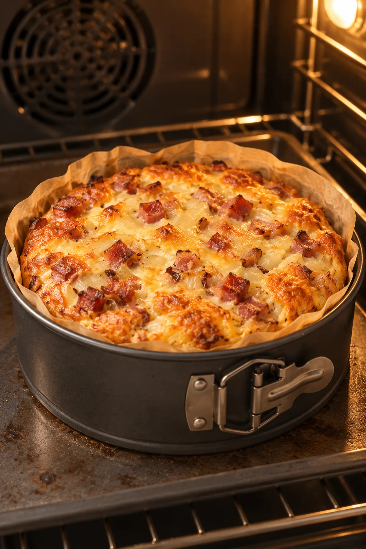 Zwiebel-Speck-Kuchen beim Backen in einer kleinen runden Springform