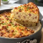 Bodenloser High-Protein Zwiebel-Speck-Kuchen mit angehobenem Stück und goldbrauner Käsekruste