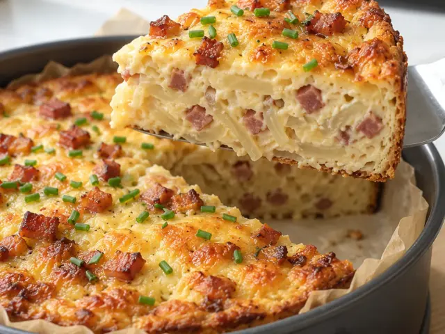 Bodenloser High-Protein Zwiebel-Speck-Kuchen mit angehobenem Stück und goldbrauner Käsekruste
