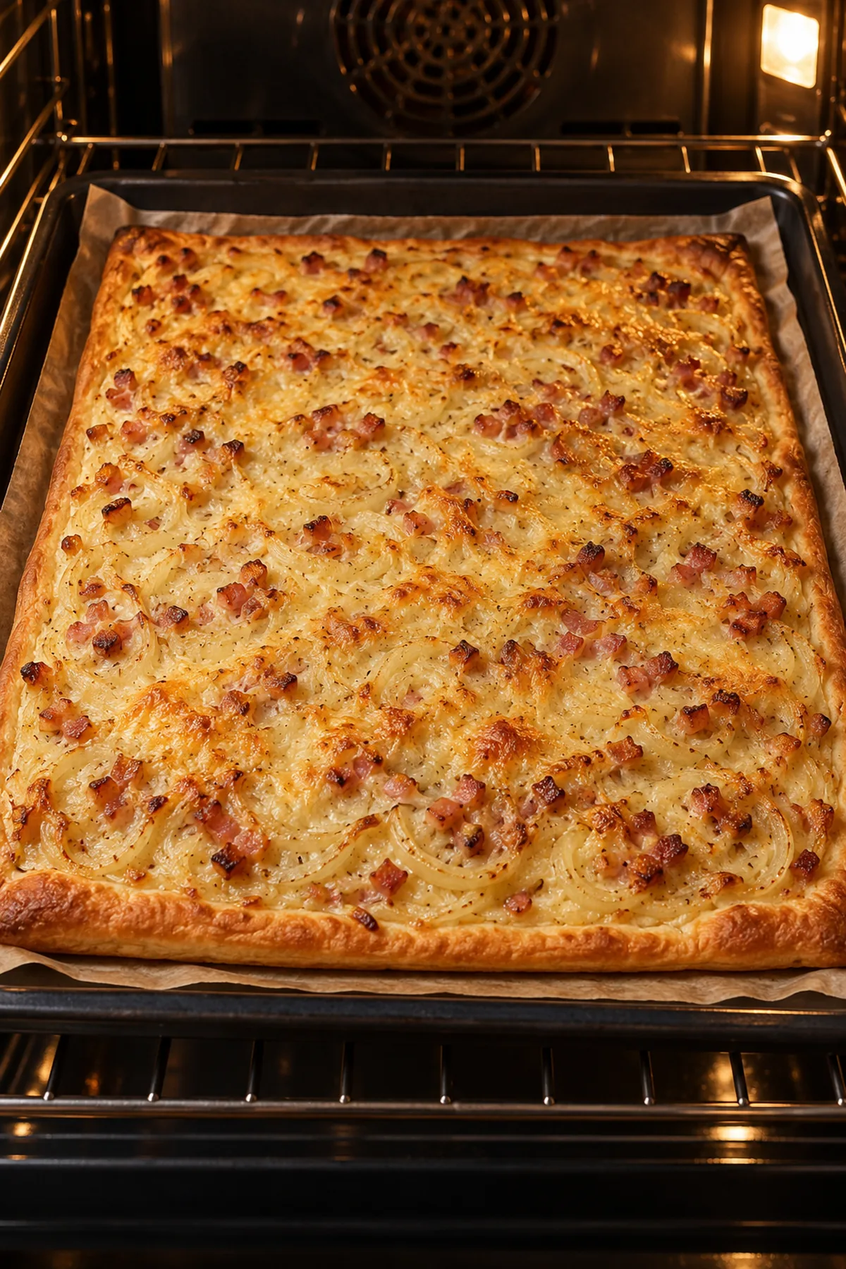 Zwiebelkuchen mit Speck beim goldbraunen Backen auf einem rechteckigen Blech