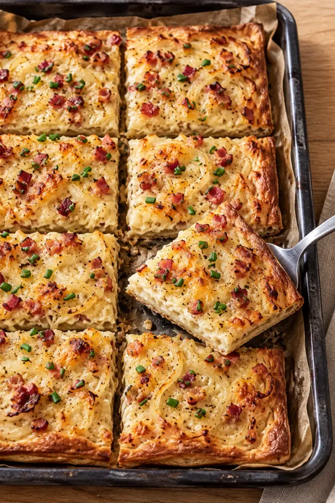 Herzhafter Zwiebelkuchen mit Speck und goldbrauner Käsekruste auf dem Backblech