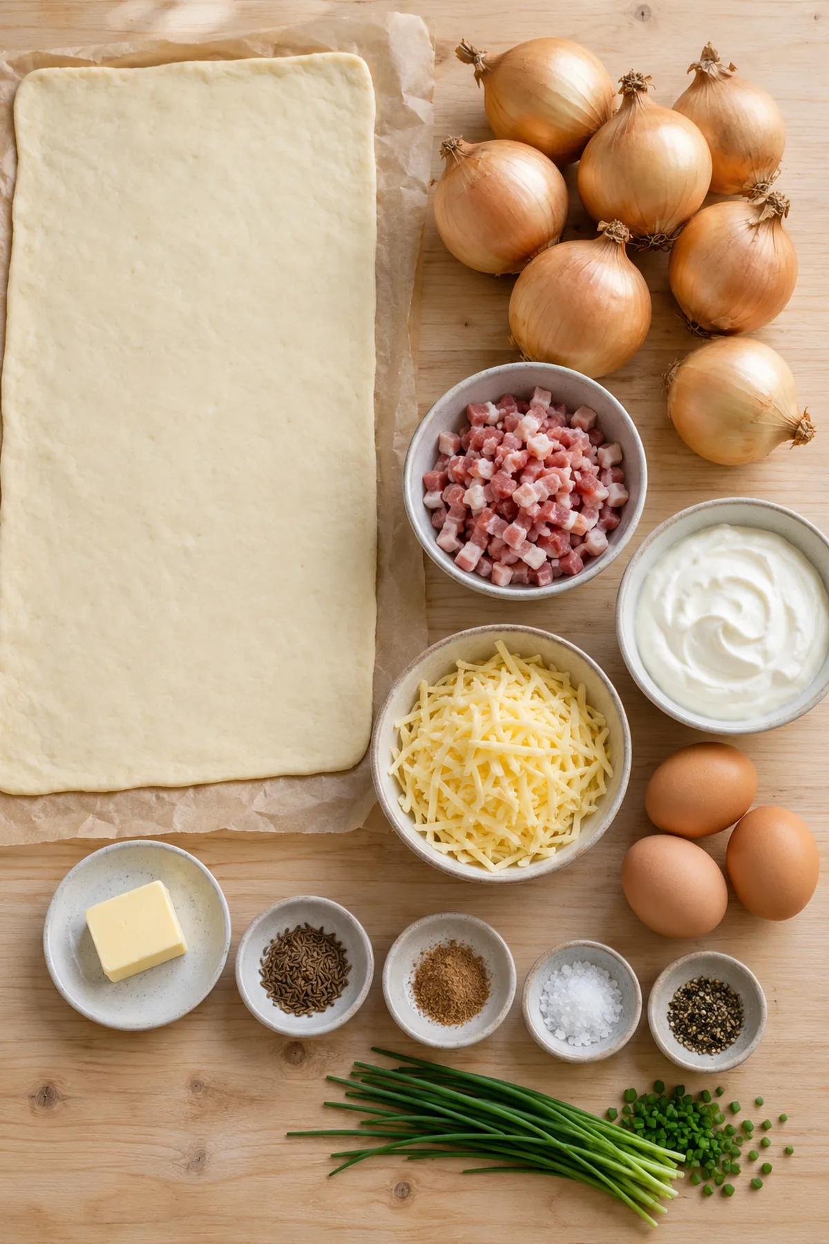 Zutaten für Zwiebelkuchen mit Speck: Hefeteig, Zwiebeln, Eier, Crème fraîche und Käse