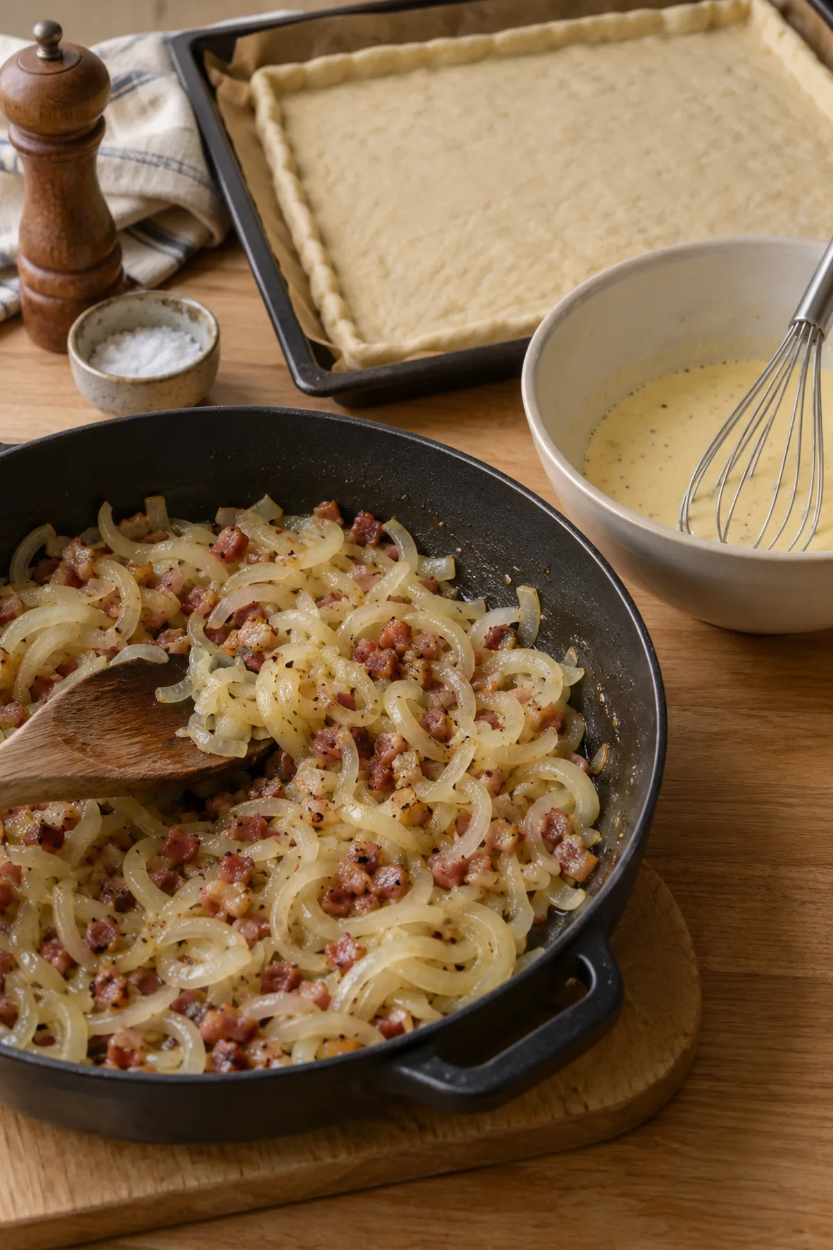 Vorbereitung mit gedünsteten Zwiebeln und Speck, Eierguss und ausgerolltem Hefeteig