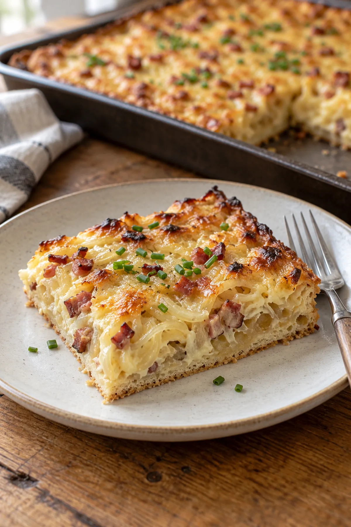 Serviertes Stück Zwiebelkuchen mit Speck, saftiger Zwiebelfüllung und frischem Schnittlauch