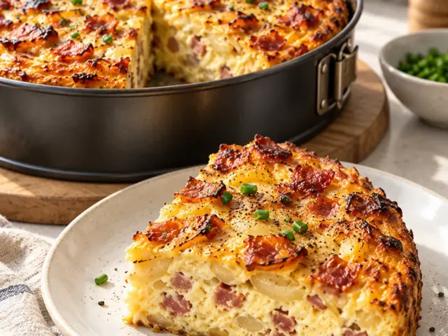 High-Protein Bauern-Quiche mit Speck und Zwiebeln, goldbraun gebacken und angeschnitten