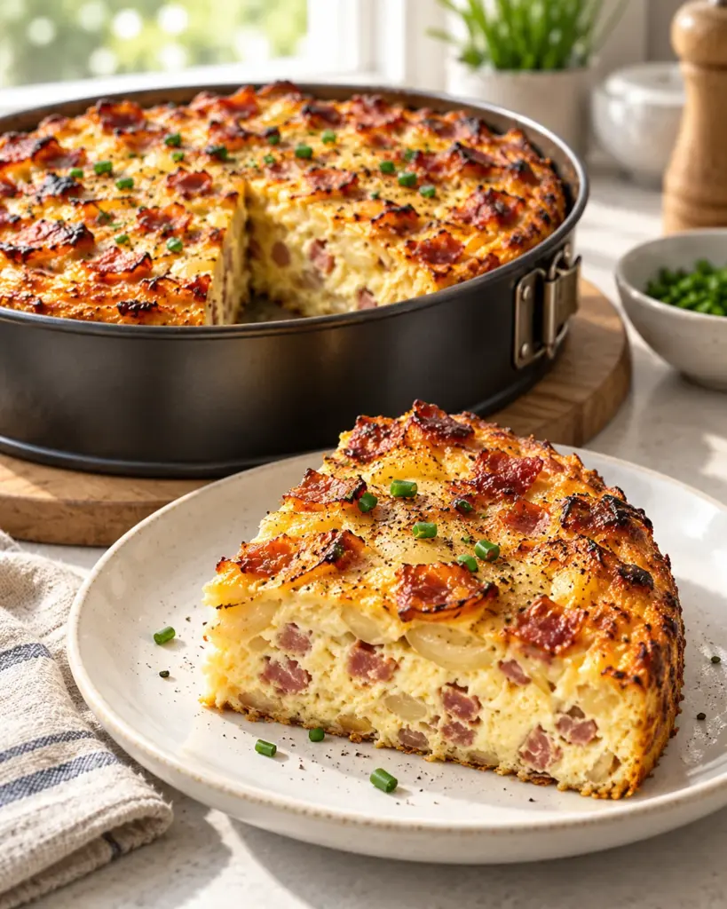 High-Protein Bauern-Quiche mit Speck und Zwiebeln, goldbraun gebacken und angeschnitten