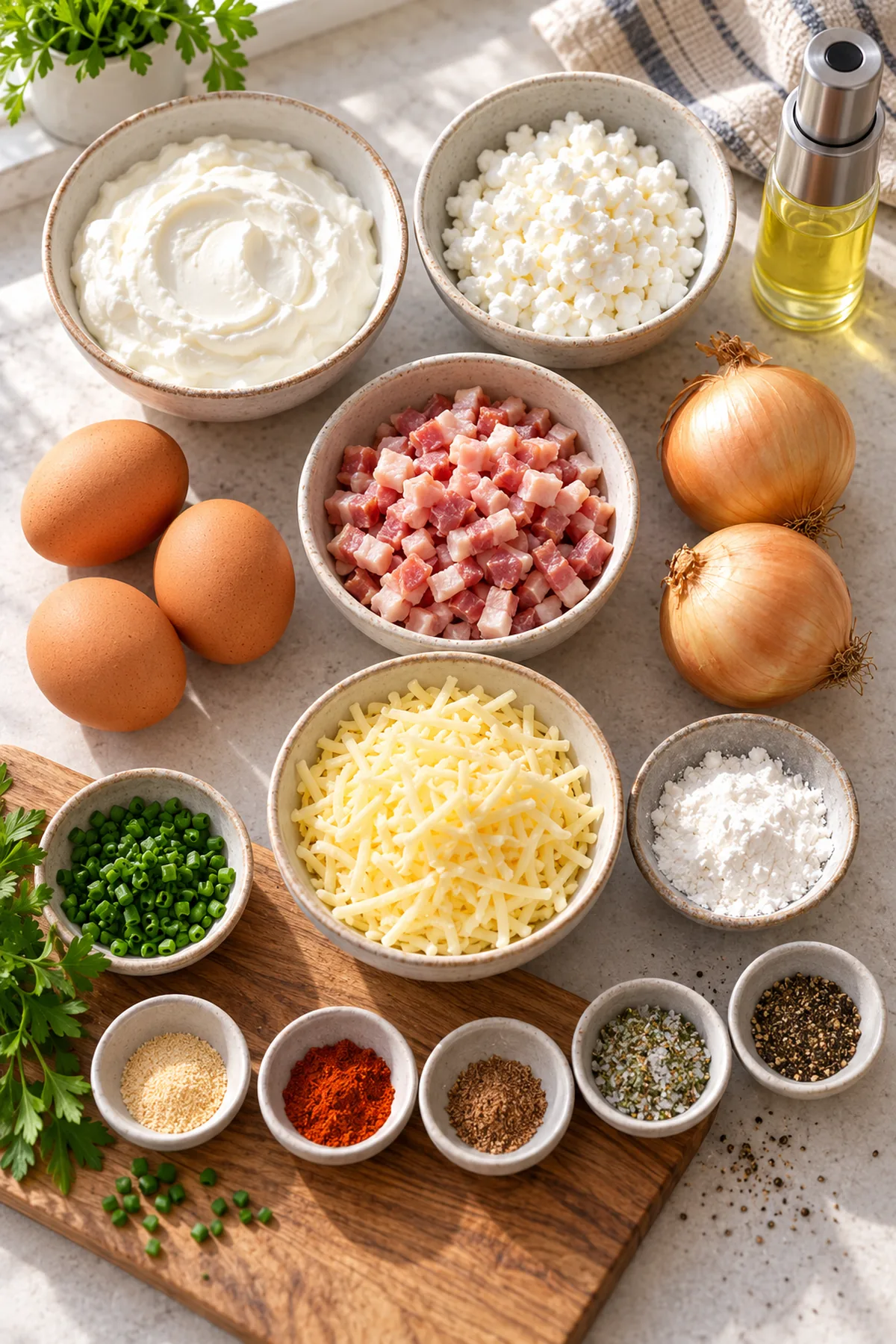 Zutaten für Bauern-Quiche mit Eiern, Skyr, körnigem Frischkäse, Speck, Zwiebeln und Käse