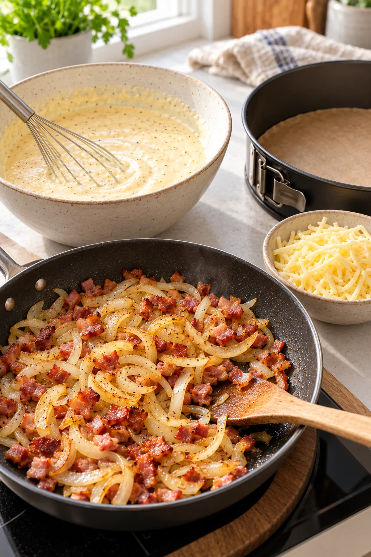 Zwiebeln und Speck in der Pfanne neben Eier-Skyr-Guss und vorbereiteter Springform