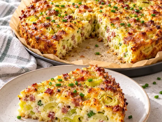 High-Protein Flammkuchen mit Lauch und Speck, goldbraun gebacken und angeschnitten