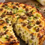 High-Protein Hackfleisch-Lauch-Kuchen mit goldbraunem Käse und Anschnitt mit Rinderhack und Porree