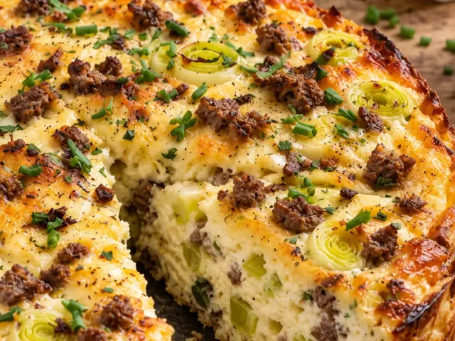 High-Protein Hackfleisch-Lauch-Kuchen mit goldbraunem Käse und Anschnitt mit Rinderhack und Porree