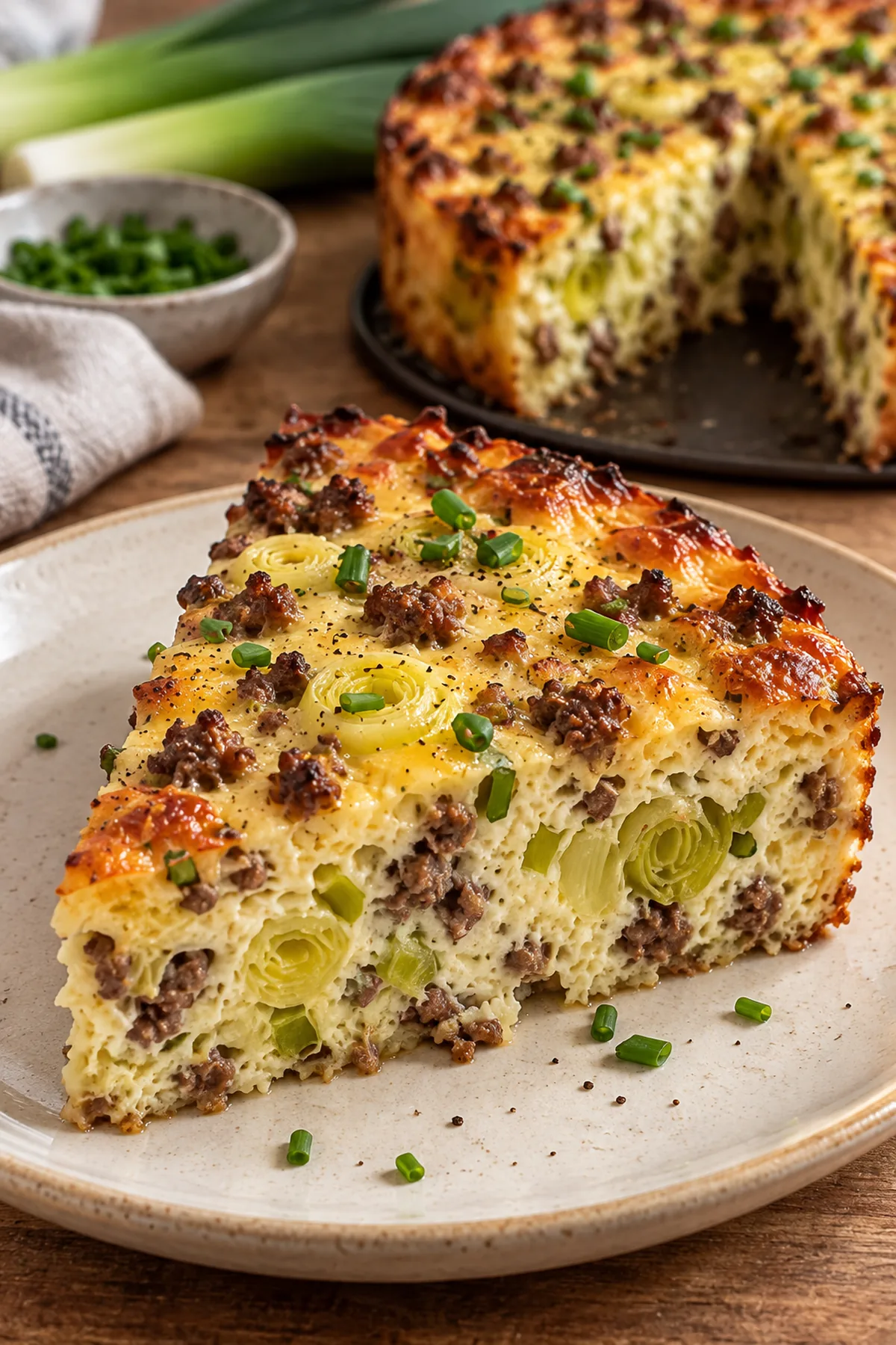Serviertes Stück Hackfleisch-Lauch-Kuchen mit Rinderhackkrümeln, Porree und Schnittlauch