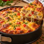 Goldbrauner High-Protein Hackfleisch-Paprika-Kuchen mit roter und gelber Paprika im saftigen Anschnitt