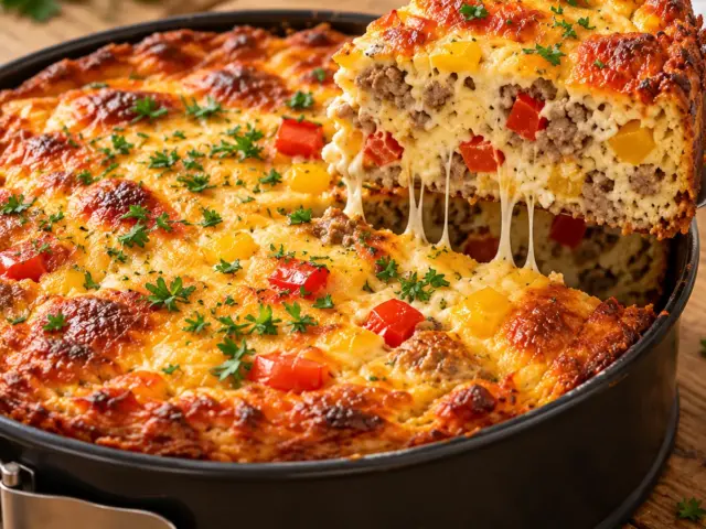 Goldbrauner High-Protein Hackfleisch-Paprika-Kuchen mit roter und gelber Paprika im saftigen Anschnitt