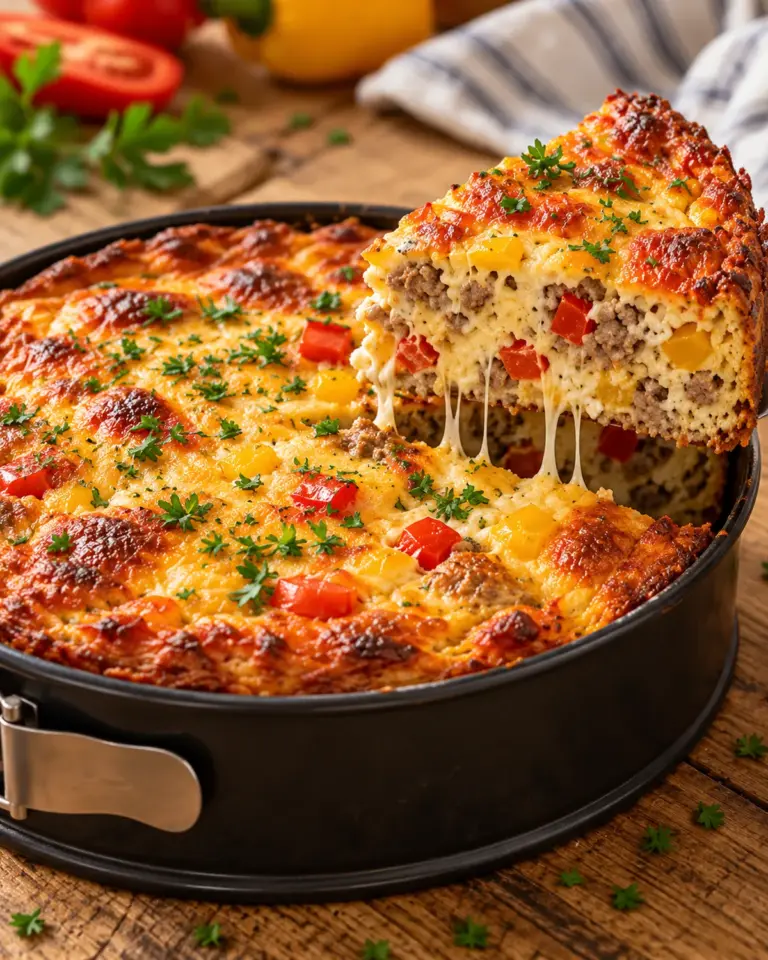 Goldbrauner High-Protein Hackfleisch-Paprika-Kuchen mit roter und gelber Paprika im saftigen Anschnitt