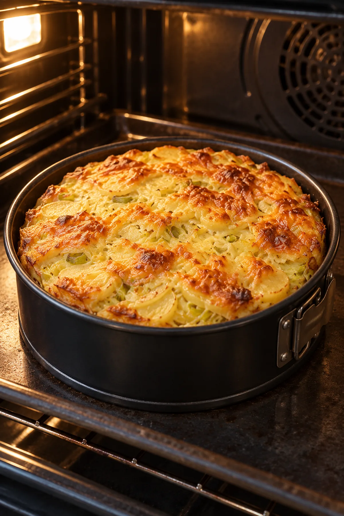 Kartoffel-Lauch-Kuchen beim Backen mit goldbrauner Käseoberfläche in der Springform
